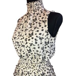 EXPRESS L Ditsy Floral Mock Neck Tiered Ruffle Mini Dress • Black and Cream